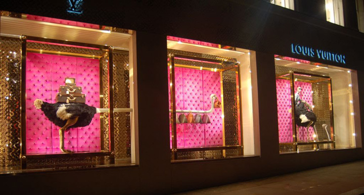 Japan. Louis Vuitton display window with chequered cloth stuffed