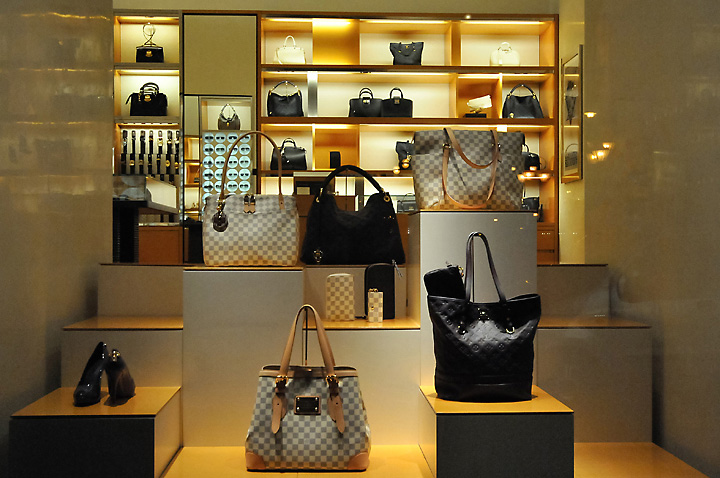Louis Vuitton shop window display with handbag in Dublin Republic
