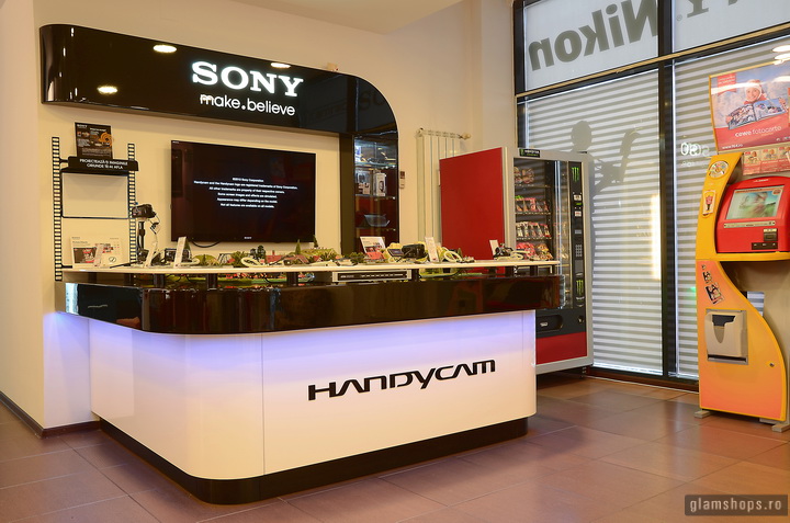 A modern retail counter display for Sony