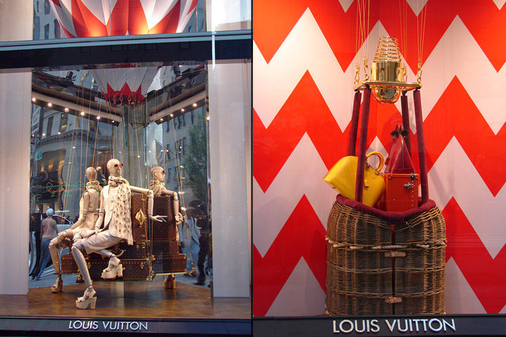 Louis Vuitton shop window decorated with colourful balloons, gold