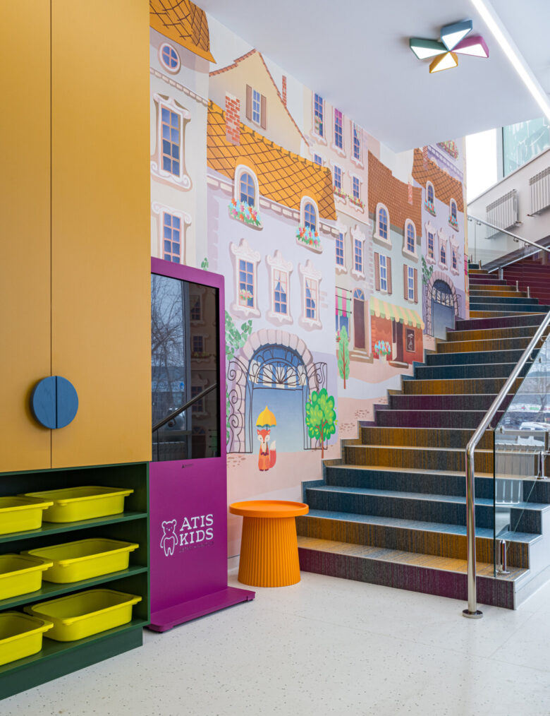 Staircase and an illustrated townscape.